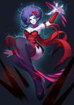  alternate_costume alternate_hair_color black_legwear blue_eyes blue_hair blue_lips breasts citemer cleavage dress evelynn fingernails flower highres league_of_legends medium_breasts nail_polish open_mouth pointy_ears red_dress red_nails rose sharp_fingernails smile solo thighhighs 
