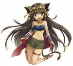  :3 animal_ears anklet bandeau bare_shoulders barefoot bastet_(p&amp;d) brown_hair cat_ears cat_tail fang full_body gauntlets green_eyes hair_ornament jewelry kneeling long_hair looking_at_viewer midriff narumizg navel necklace open_mouth puzzle_&amp;_dragons sash shiny shiny_skin simple_background skindentation skirt smile solo strapless tail thigh_gap thighlet very_long_hair white_background 