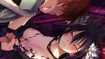  1girl alice_soft areolae black_hair blush breasts brown_hair clenched_teeth game_cg hair_ornament highres long_hair medium_breasts nipples rance09:_the_helman_revolution red_eyes short_hair standing teeth torn_clothes wince 