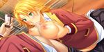  1boy 1girl blonde_hair breasts cellphone censored cum cum_in_mouth facial fellatio green_eyes mutsuura_rin nipples oral outdoors paizuri penis phone recording revenge_room school_uniform yoko_juusuke 