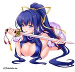  :p bad_id bad_pixiv_id blue_eyes blue_hair blush breasts hizuki_akira holding holding_weapon jewelry large_breasts long_hair looking_at_viewer lying necklace original ponytail sangoku_infinity smile solo sword tongue tongue_out weapon white_background 