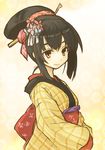  black_hair blush brown_eyes flower gradient gradient_background hair_flower hair_ornament japanese_clothes kanzashi kimono obi original sash senhappyaku short_hair sidelocks smile solo yellow_background 