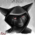  abstract_background ambiguous_gender black_fur black_hair cat demon feline fur grey_background hair hood hybrid mammal plain_background portrait ratte red_eyes slit_pupils solo yagarai 