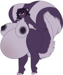  anthro areola big_belly big_breasts big_butt big_nipples black_hair black_nose breasts butt chest_tuft chubby cute female fur hair huge_breasts looking_away mammal nipples obese open_mouth overweight plain_background pregnant purple_fur purple_nipples red_eyes skunk smile solo tail_tuft tehbuttercookie tuft white_background 