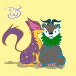  caprine duo eyes_closed feline frown goat hooves horn liepard mammal nintendo pcred566 plain_background pok&#233;mon pok&eacute;mon sitting skiddo smile video_games yellow_background 