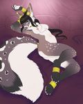  anthro black_hair blue_eyes breasts butt chest_tuft claws ear_piercing female fluffy fur hair long_hair looking_at_viewer mammal markings navel nipple_chain nipples nude paws piercing pillow solo spots tuft unknown_species 