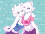  absurd_res alanscampos blue_eyes blush breasts clothing deviantart duo english_text female fur green_eyes hand_on_shoulder hi_res llama one_eye_closed playfurry shirt smile tank_top text white_fur wink 