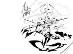  35_(pixiv) boots bow chain dress gun headdress long_hair mahou_shoujo_madoka_magica miki_sayaka monochrome sakura_kyouko short_hair signed spear sword tomoe_mami weapon white 