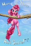  blue_eyes branch cloud cutie_mark english_text equine female feral friendship_is_magic hair hang_in_there horse looking_at_viewer mammal my_little_pony navel outside pink_hair pinkie_pie_(mlp) pony sky smile solo text tree tree_branch viwrastupr wave waving 