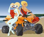  atv baywatch beach blonde_hair blue_eyes eyewear female fur hair human kraudev looking_at_viewer mammal minerva_mink pink_nose sand seaside sunglasses swimsuit white_fur 