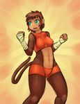  anthro bandage blush breasts brown_hair clothed clothing drxsmokey erect_nipples female hair mammal monkey nipples open_mouth pink_lips primate short_hair solo standing tight_clothing tongue 