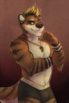  anthro blonde_hair bracelet bulge cherrybox ear_piercing fur hair jewelry looking_at_viewer male mammal markings muscles mustelid necklace otter piercing smile solo standing stripes topless underwear 