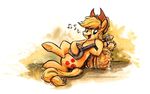  applejack_(mlp) bale_of_hay banjo blonde_hair cowboy_hat cutie_mark equine female freckles friendship_is_magic green_eyes hair hat horse looking_at_viewer mammal music musical_note my_little_pony plain_background playing pony sitting solo sophiecabra tess_garman traditional_media watercolor white_background 