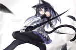  +) animal_ears black_hair blue_eyes dress feathers long_hair pantyhose pixiv_fantasia sword tail weapon 