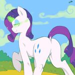  butt cloud cold-blooded-twilight cutie_mark equine eyeshadow female feral friendship_is_magic fur glowing green_eyes hair half-closed_eyes horn looking_at_viewer makeup mammal my_little_pony outside purple_hair rarity_(mlp) smile solo unicorn white_fur 