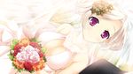  breasts cleavage flowers game_cg kitsuki_riho koisuru_natsu_no_last_resort marui pulltop purple_eyes wedding_attire white_hair 