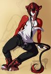  belt clothed clothing feline frown fur hair leg_warmer legwear looking_away male mammal multi-colored_hair pants red_fur shirt solo tank_top tartii underwear undressing white_fur 