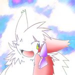  ambiguous_gender claws fur fur_markings kemono mammal mongoose nintendo one_eye_closed pointing pok&#233;mon pok&eacute;mon smile solo teeth video_games white_fur wink yami zangoose 