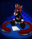  breasts clothed clothing female horn kneeling looking_at_viewer multiple_tails nightmare_(artist) pussy skimpy solo unknown_species 