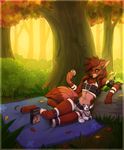  belt blanket blue_eyes clothing cookie female forest hair kaitycuddle looking_at_viewer mammal outside picnic red_hair tree 