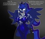  4_fingers abstract_background anthro big_breasts blue_dress blue_eyes blue_fur blue_hair blue_skin breasts clothed clothing crown cum cum_in_hair cum_on_body cum_on_breasts cum_on_clothes cum_on_face cum_on_hand cum_on_shoulder cum_on_tongue cutie_mark dress english_text equine female fingers friendship_is_magic fur hair hands horn invalid_color jrvanesbroek lil_miss_jay mammal my_little_pony open_mouth pantyhose plain_background princess_luna_(mlp) shiny solo spandex text tongue white_teeth winged_unicorn wings 