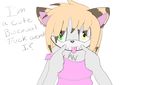  black_nose calico_hair cat ear_piercing english_text feline female fur heterochromia james_the_cat looking_at_viewer mammal original_character piercing pink_shirt snake_bites text tongue tongue_out unknown_artist white_fur 
