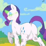  blush butt cloud cold-blooded-twilight cutie_mark equine eyeshadow female feral friendship_is_magic fur glowing glowing_eyes green_eyes hair half-closed_eyes horn legwear looking_at_viewer makeup mammal my_little_pony outside purple_hair rarity_(mlp) smile solo teats thigh_highs unicorn white_fur 