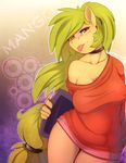  anthro blush clothing equine female green_hair hair horse mammal mango_(character) my_little_pony original_character pony red_eyes scappo solo tongue tongue_out 