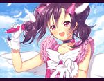  :d bad_id bad_pixiv_id black_hair blue_sky blush bow choker cloud day dress earrings feathers frills gloves hair_bow jewelry kuroki_(ma-na-tu) letterboxed long_hair love_live! love_live!_school_idol_project microphone open_mouth pink_dress pink_eyes red_dress sky smile solo twintails white_gloves white_wings wings yazawa_nico 
