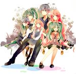 4girls acute_(vocaloid) bad_id bad_pixiv_id blue_eyes blue_hair boots closed_eyes cross-laced_footwear dress green_eyes green_hair hatsune_miku highres kaito knee_boots lace-up_boots long_hair megurine_luka multiple_boys multiple_girls open_mouth red_hair sitting smile twintails very_long_hair vocaloid yamada_runoka younger 
