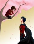 1boy annie_(clayface) batman_(series) black_hair cape dc_comics dcau jacket red_jacket red_robin sweater tim_drake tree 