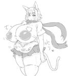  1girl animal_ears breasts cat_ears cat_tail fat huge_breasts monochrome robolobo4956 scarf tail tattoo thighhighs yosin 