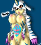  anthro areola big_breasts big_nipples blue_skin bouncing_breasts breasts claws digimon female gabumon hi_res horn inverted_nipples mammal markings navel nipples open_mouth puffy_nipples pussy red_eyes renamonpaws solo stripes teeth tongue under_boob wide_hips yellow_skin 