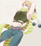  blonde_hair bola_(weapon) cosplay crop_top dio_brando fingerless_gloves gloves jojo_no_kimyou_na_bouken joseph_joestar_(young) joseph_joestar_(young)_(cosplay) male_focus meng_bu_chong midriff muscle red_eyes scarf solo 