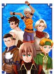  4boys :d armlet armor blonde_hair blue_eyes boots bracelet breastplate brown_eyes brown_hair capelet dark_skin elf facial_mark forehead_mark gensou_suikoden gensou_suikoden_iv green_eyes headband jewel_(suikoden) jewelry keneth lazlo minimoti multiple_boys multiple_girls open_mouth paula_(suikoden) pointy_ears short_hair shoulder_armor silver_hair smile snowe_vingerhut spaulders tal water 