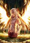  bamboo bow fire freeze-ex fujiwara_no_mokou glowing glowing_eyes hair_bow highres long_hair looking_at_viewer night outdoors pants shirt smile solo suspenders touhou undressing wading wet white_hair wings 