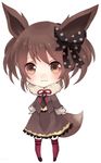  :3 animal_ears asame21 blush bow brown_eyes brown_hair eevee full_body gen_1_pokemon hair_bow jacket long_sleeves personification pokemon skirt smile solo standing tail thighhighs twintails white_background 