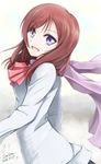  :d brown_hair dated highres jacket kem_kem long_sleeves looking_at_viewer looking_to_the_side love_live! love_live!_school_idol_project nishikino_maki open_mouth purple_eyes purple_scarf red_hair scarf short_hair signature smile solo white_jacket 