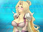  1girl blonde_hair blue_eyes blush breasts cape cleavage elbow_gloves final_fantasy final_fantasy_iv gloves highres large_breasts long_hair looking_at_viewer rosa_farrell shoulder_pads simple_background solo standing sweatdrop yoko_juusuke 