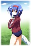  ass blue_hair book buruma f20_(funimaru) grass hairband jacket little_busters! nishizono_mio orange_eyes short_hair track_jacket umbrella 