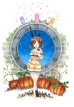  brown_eyes brown_hair clock colorized hair_ornament highres idolmaster idolmaster_cinderella_girls jewelry kuroi_mimei looking_at_viewer necklace one_eye_closed pumpkin short_hair smile solo totoki_airi twintails white_background 