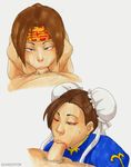  2boys 2girls :&gt;= blush brown_hair bun_cover china_dress chinese_clothes chun-li crossover deareditor double_bun dress fellatio multiple_boys multiple_girls oral pubic_hair seong_mi-na sex simple_background soul_calibur street_fighter uncensored wink 