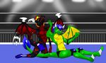  angry anthro bigger_version_at_the_source blue_eyes blue_hair dragon fight fighting_ring freakyy-dragon gay genshitatsunora hair lorenz male open_mouth red_the_dragon topless wings wrestler wrestling 