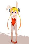  bad_id bad_pixiv_id blonde_hair blush bunny_girl bunnysuit fishnet_pantyhose fishnets high_heels highres kill_me_baby leotard long_hair monoiri_b pantyhose purple_eyes red_leotard solo sonya_(kill_me_baby) twintails 