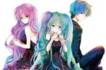  2girls acute_(vocaloid) backless_dress backless_outfit black_dress black_pants black_shirt blue_eyes blue_hair breasts chikaya dress eyebrows_visible_through_hair green_eyes green_hair hatsune_miku holding holding_knife kaito knife long_hair medium_breasts megurine_luka multicolored_hair multiple_girls pants purple_hair shirt simple_background sitting sleeveless smile twintails two-tone_hair very_long_hair vocaloid white_background 