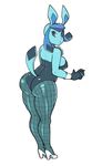  anthro blue_body breasts butt clothed clothing eeveelution female glaceon hypnofood looking_at_viewer looking_back nintendo plain_background pok&#233;mon pok&#233;morph pok&eacute;mon pok&eacute;morph solo standing tight_clothing video_games white_background 