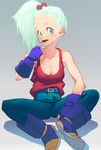  aqua_hair blue_eyes boots bra_(dragon_ball) breasts butterfly_sitting cleavage cosplay dragon_ball dragon_ball_gt fake_facial_hair fake_mustache fingerless_gloves gloves gradient gradient_background hair_bobbles hair_ornament highres knees_apart_feet_together large_breasts looking_at_viewer pants ponytail simple_background sitting solo supobi tank_top vegeta vegeta_(cosplay) 