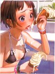  bikini_top blush bracelet breasts cropped food highres ice_cream jewelry melting murata_renji necklace shiny shiny_skin short_hair small_breasts solo strap_gap tongue tongue_out upper_body 