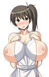  1girl apron areolae bare_shoulders blush breast_slip breasts brown_eyes brown_hair female huge_breasts kaga_(kantai_collection) kantai_collection musuka_(muska) naked_apron nipples no_bra short_hair side_ponytail simple_background solo upper_body white_background 