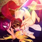  black_panties blonde_hair blue_eyes breasts brown_hair eyewear_on_head fangs fingering gastly gen_1_pokemon holding_hands light_rays long_hair lucknight mouth_hold multiple_girls nipples no_pants one_eye_closed open_clothes open_shirt original panties pokemon pokemon_(creature) red_panties scarf shiny shiny_skin shirt short_hair small_breasts sunbeam sunglasses sunlight topless underwear underwear_only vampire yellow_eyes yuri 